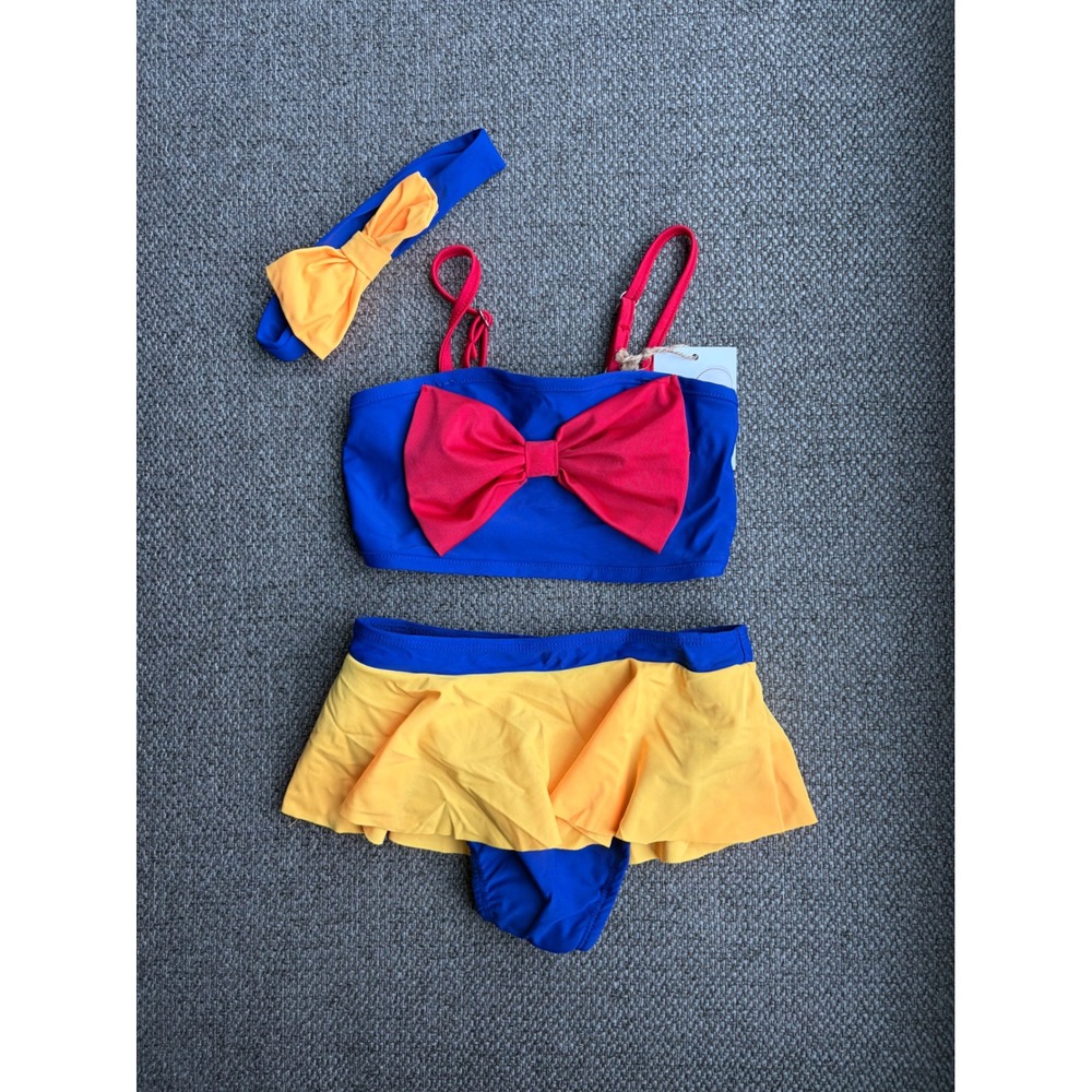 Girls Snow White Inspired 3 Piece Swimsuit Set Blue Yellow Red Bow 3-4Y NWT